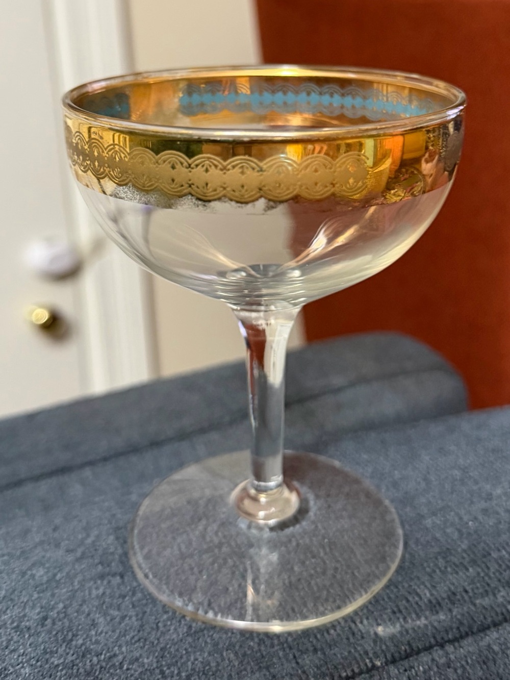 Tiffin 22-Karat Gold Encrusted, Blue Enamel Champagne Coupe, 4.5”H x 3.5”W